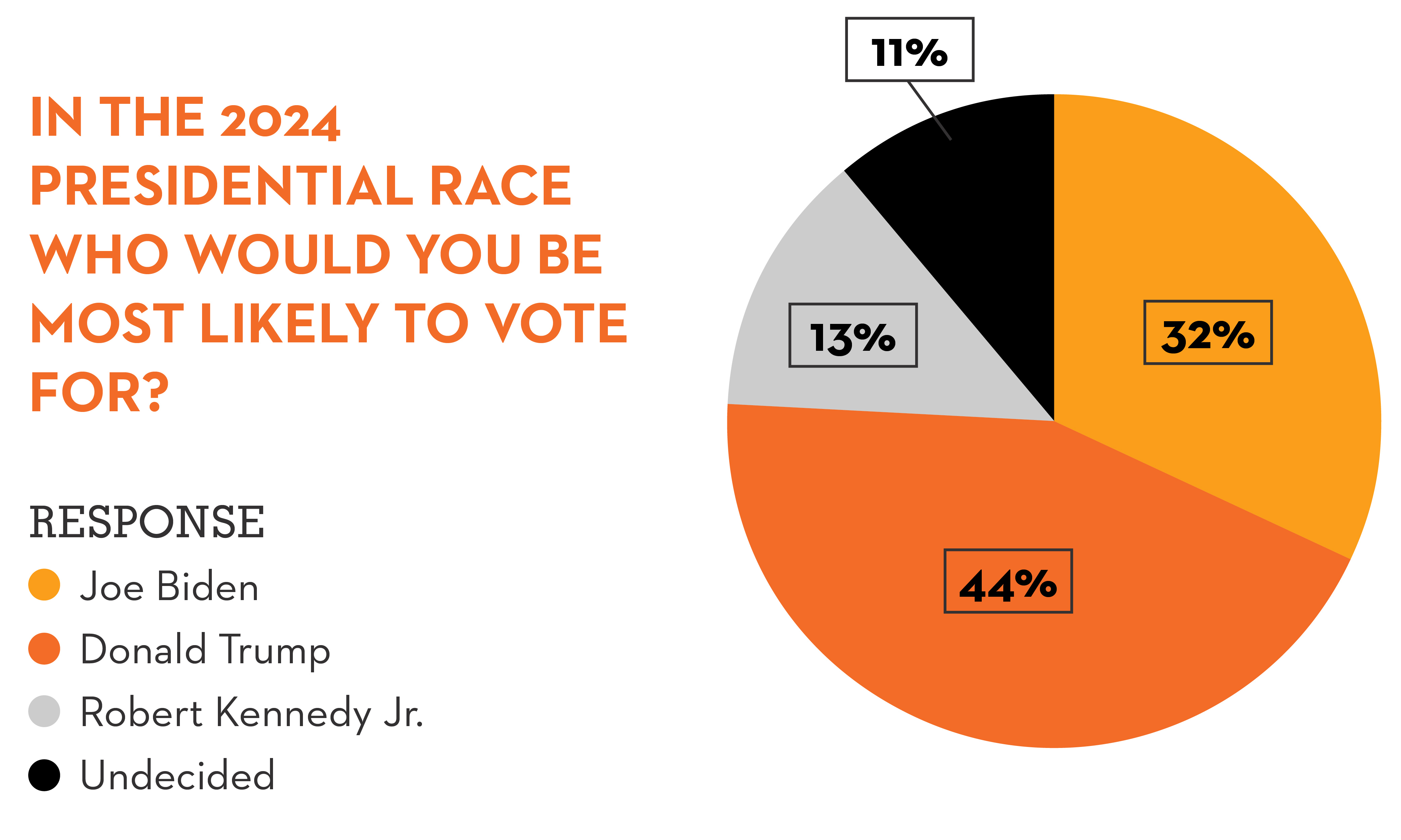 Graphic pie chart answering question "In the 2024 Presidental Race who would you be most likely to vote for?"
