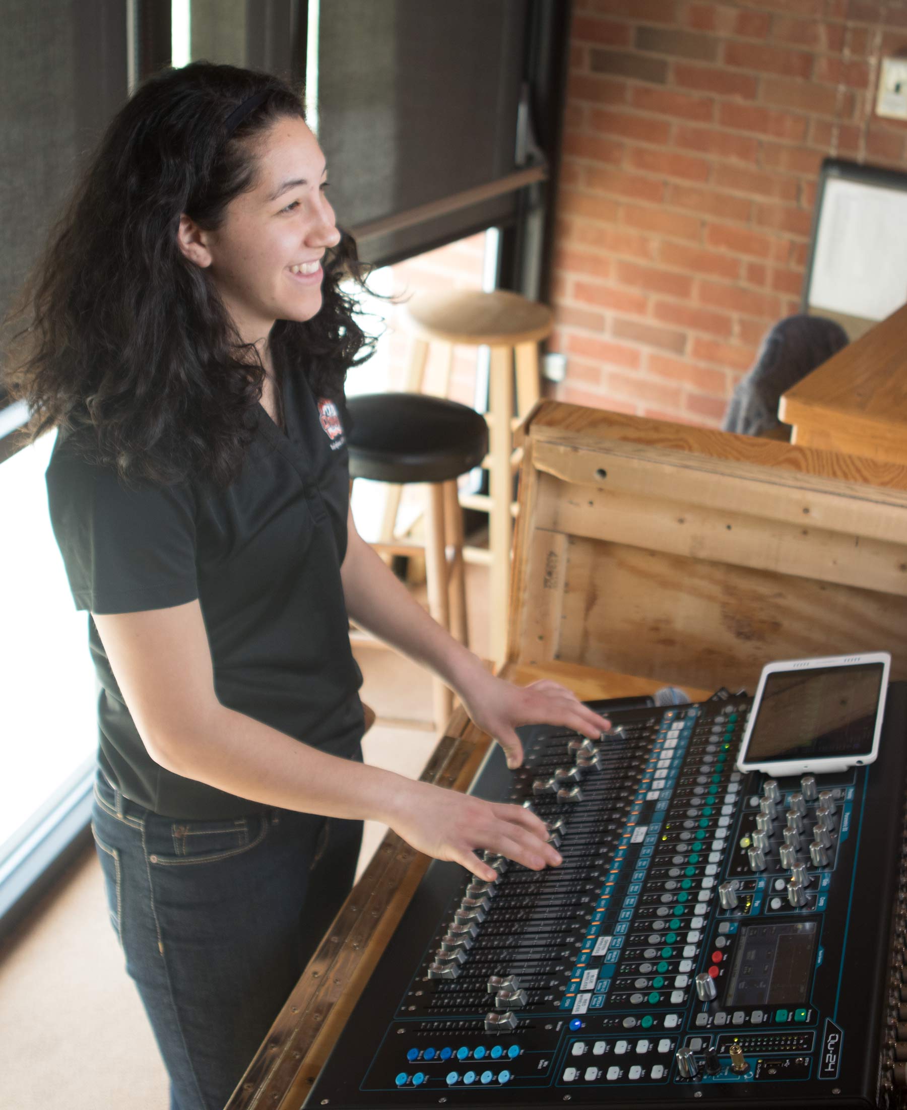 Student works behind the new soundboard in English Chapel on the campus of Ohio Northern University.