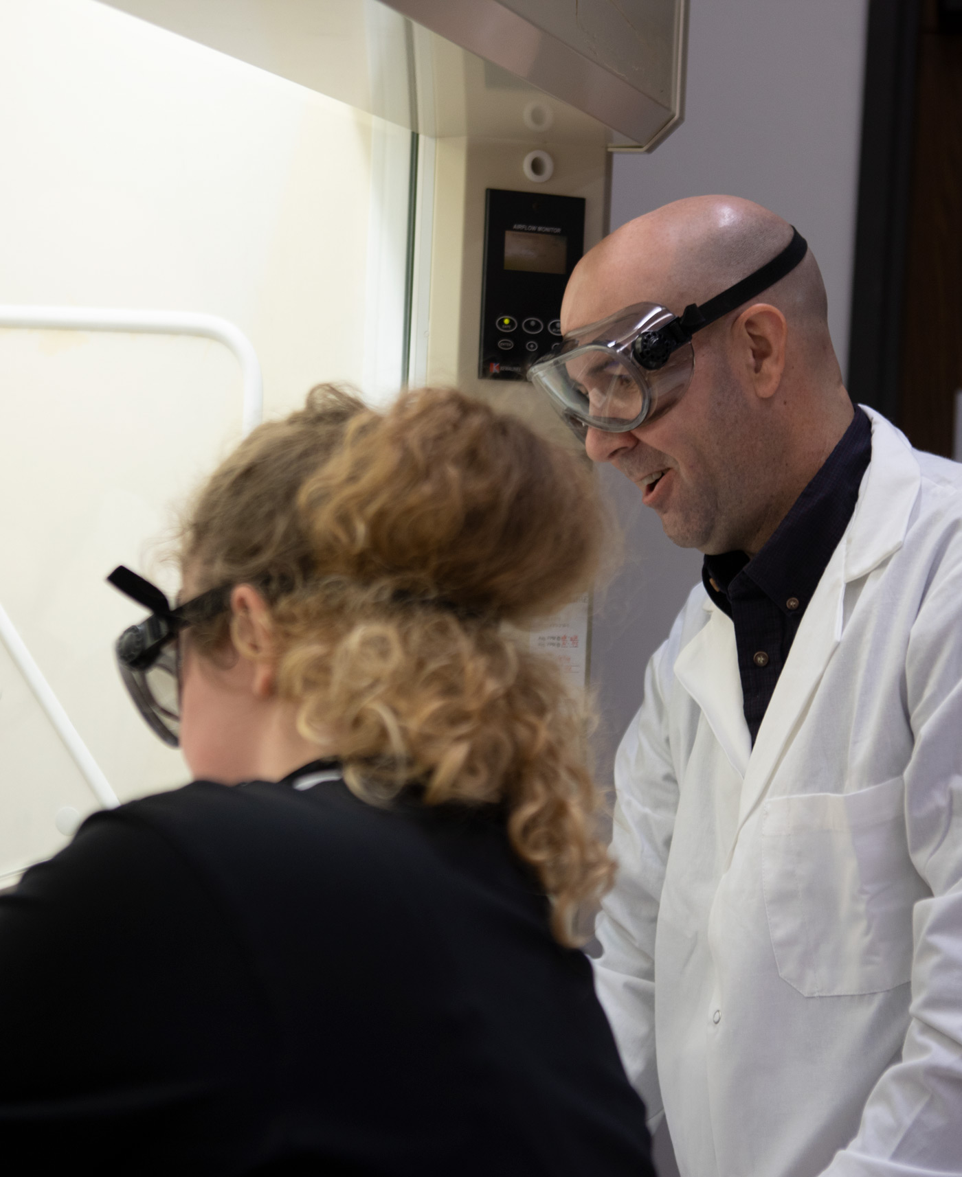 Professor of chemistry Brian Myers works with chemistry students at Ohio Northern University. Chemistry students work at Ohio Northern University.