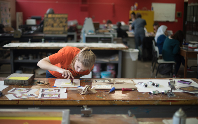 Sophomore Emily Fergus works in printmaking class in Wilson Art Building on the campus of Ohio Northern University.