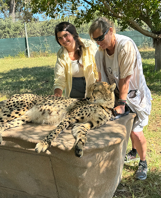 Photo of Mallory with a cheetah on a rock directly in front of her
