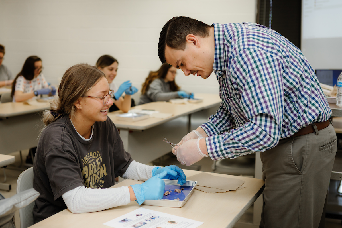 Professor assisting student in psychology class