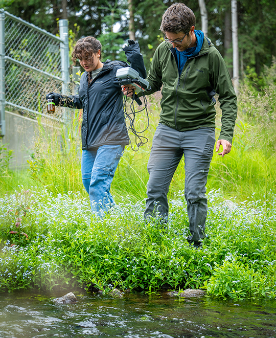 Photo of Elizabeth and a coworker walking to high grass with instruments in their hands