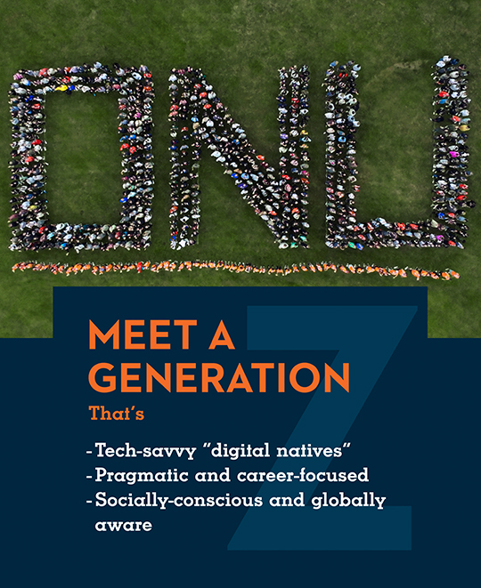 Info graphic saying meet a generation thats tech-savvy, digital natives, pragmatic and career focused, socially conscious and globally aware