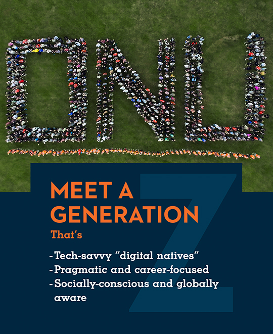 Graphic composite with text saying meet a generation thats tech-savvy, pragmatic and career focused