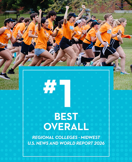 Graphic composite of ONU students in orange shirts running and #1 best overall