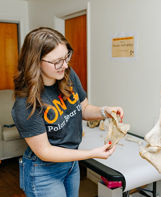 Photo of ONU student handling a bone 