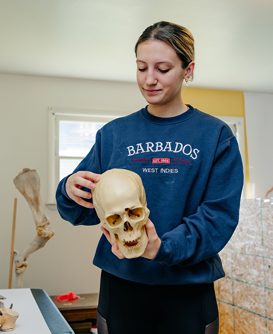Photo of ONU student examining a human skull