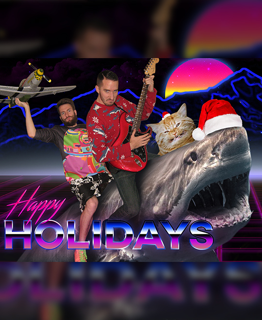 A graphic composite of 2 of the friends riding a shark with 'Happy Holidays' on the bottom