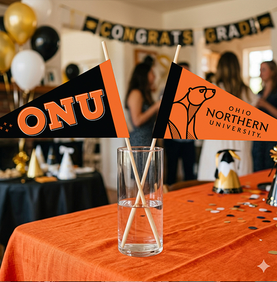 2 ONU Pennants on sticks in a glass on a party table 