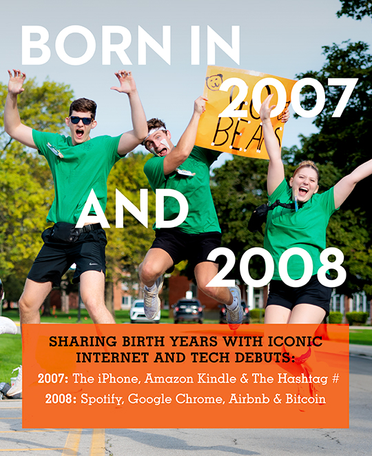Graphic composite with text saying Born in 2007 and 08, sharing birth years with iconic internet and tech debuts