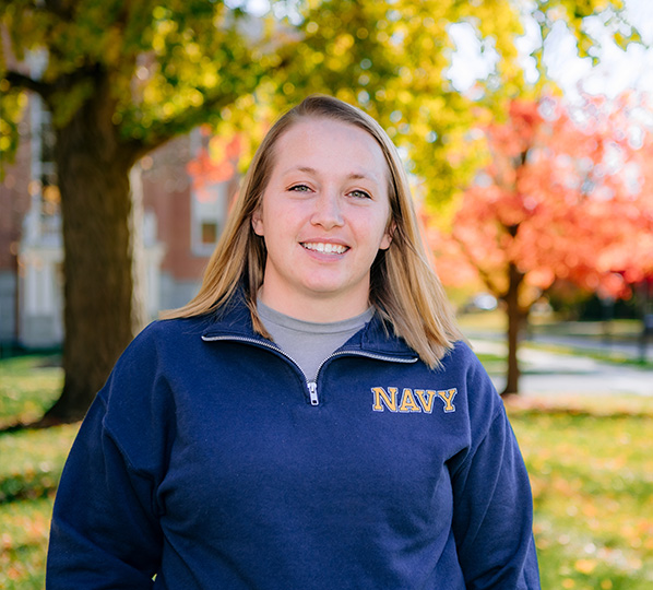 ONU veteran student in a blue Navy sweater