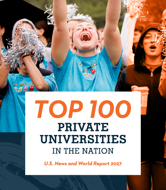 Top 100 Private Universities in the Nation graphic featuring students