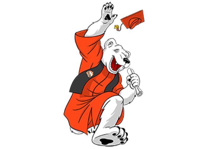 Cartoon of a polar bear wearing graduation garb