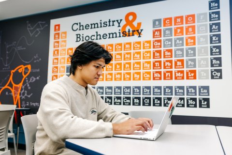 Photo of Jeremy sitting at a table working on a laptop with a poster of the periodic table in the background