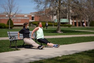 Ohio Northern University student Samantha Hurlburt, left, and staff member Joy Brown working out on campus.