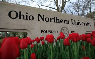Photo of ONU sign with red tulips below it