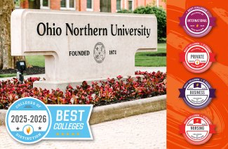 Graphic composite of a photo of ONU sign with colleges of distinction and other badges on top of it.