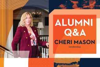 Graphic with photo of Cheri and text that says 'Alumni Q&A Cheri Mason, Leadership'