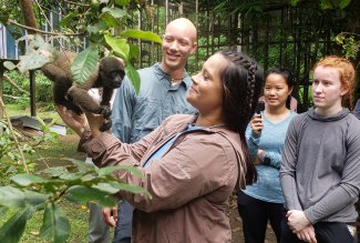 Global Healing Traditions students from Ohio Northern University meeting a monkey during a study-abroad trip.