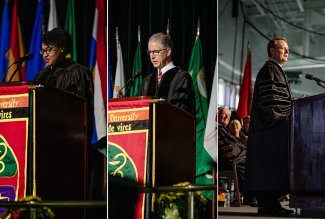 At ONU's '22 commencement podium: Mayor Sharetta Smith, Randall Myers and Jim Dicke III.